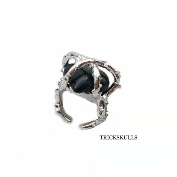 Silver & Black Gothic Punk Heart in a Cage of Thorns Adjustable Open Ring New! - Picture 1 of 10